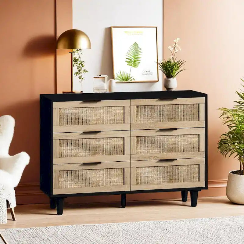 Commode de rangement à 6 tiroirs style rotin