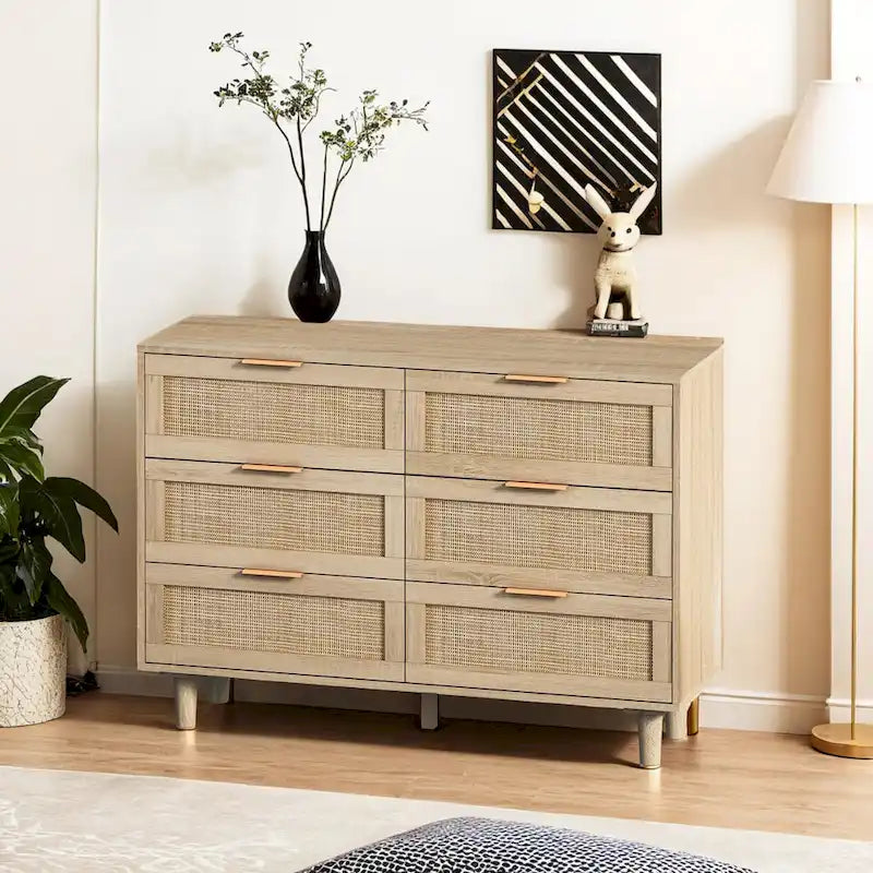 Commode de rangement à 6 tiroirs style rotin