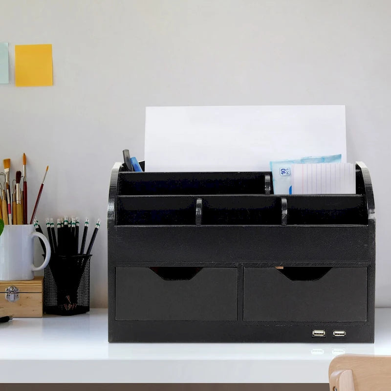 Organisateur de bureau noir à 8 compartiments avec chargement USB