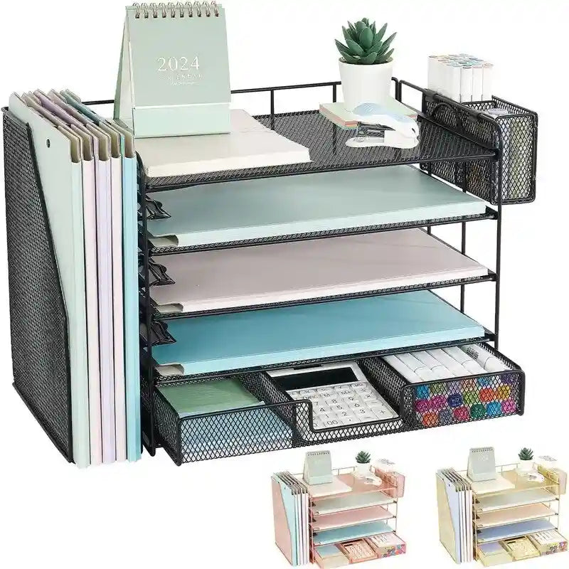 Organisateur de bureau en maille métallique à 5 niveaux avec tiroir