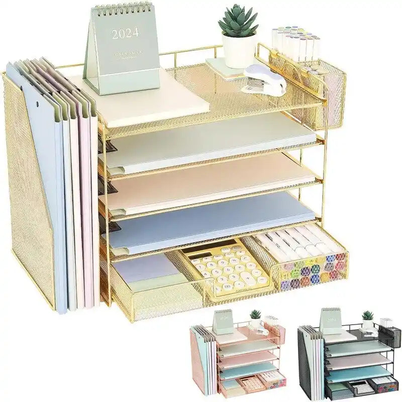 Organisateur de bureau en maille métallique à 5 niveaux avec tiroir