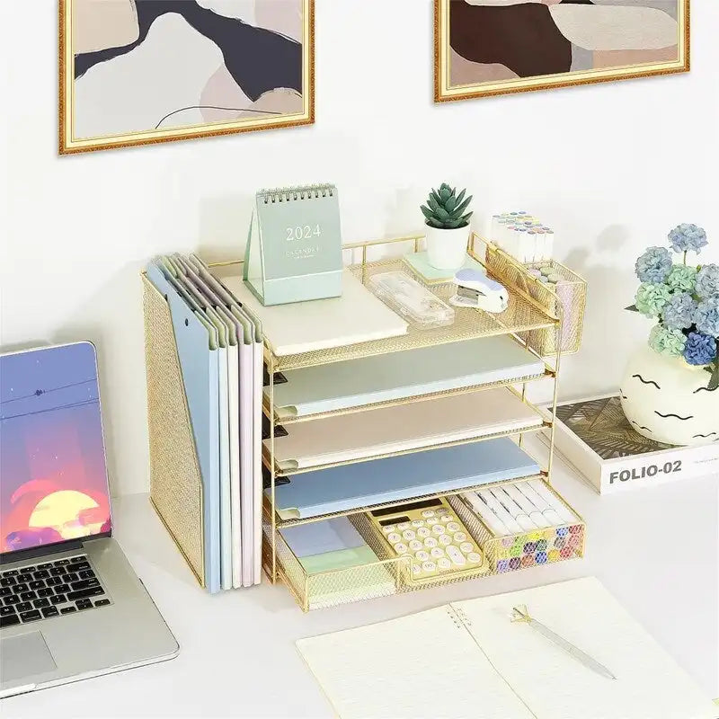 Organisateur de bureau en maille métallique à 5 niveaux avec tiroir