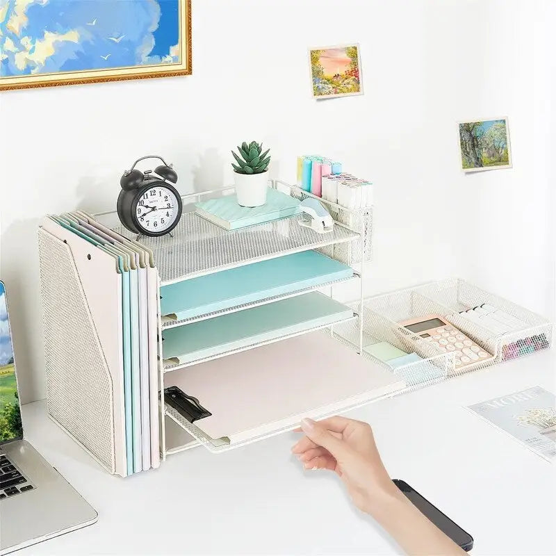 Organisateur de bureau en maille métallique à 5 niveaux avec tiroir