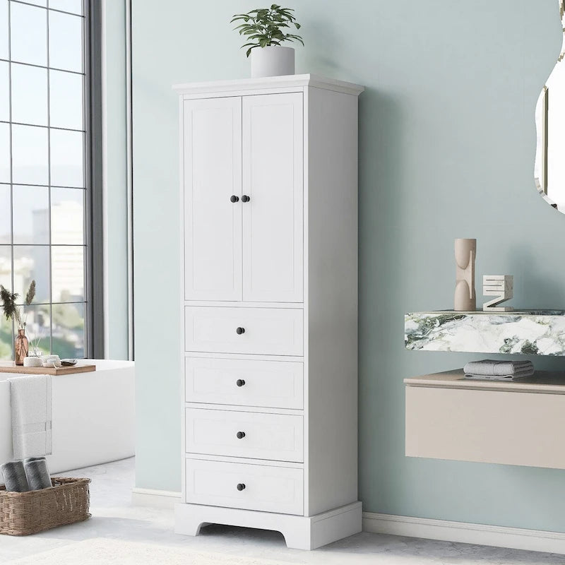 Armoire de rangement haute en MDF avec deux portes et quatre tiroirs