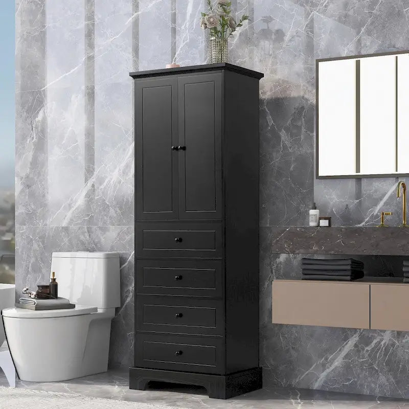 Armoire de rangement haute en MDF avec deux portes et quatre tiroirs