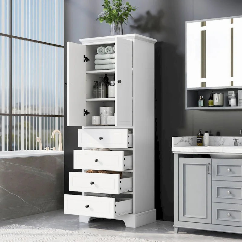 Armoire de rangement haute en MDF avec deux portes et quatre tiroirs