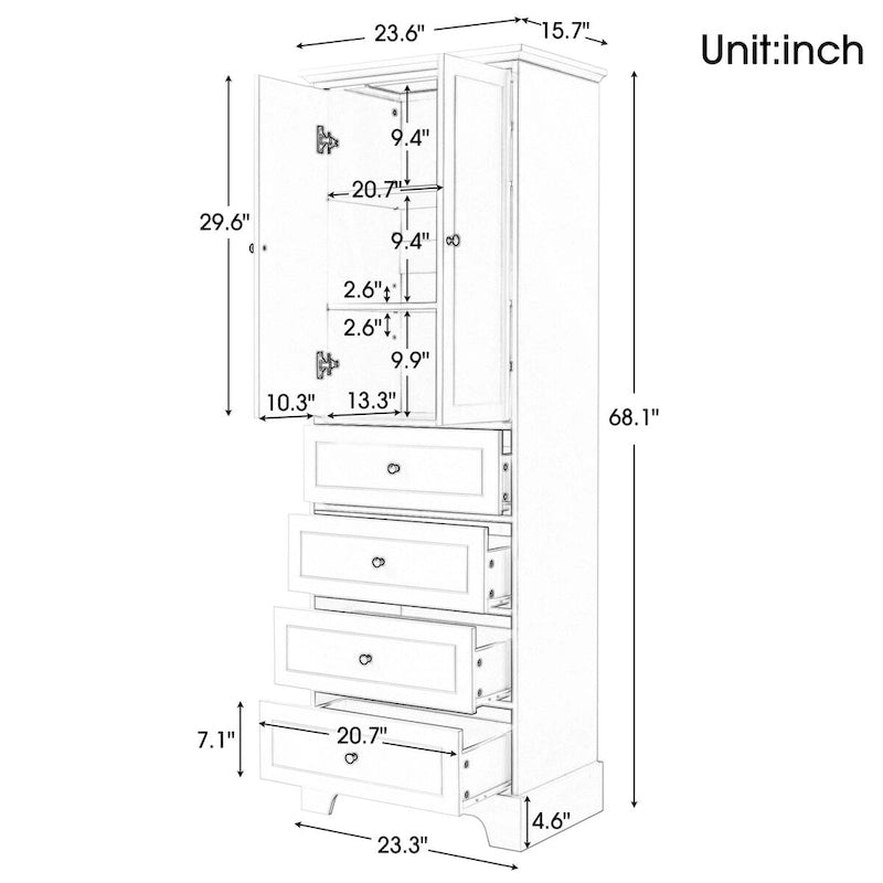 Armoire de rangement haute en MDF avec deux portes et quatre tiroirs