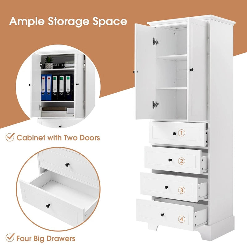 Armoire de rangement haute en MDF avec deux portes et quatre tiroirs