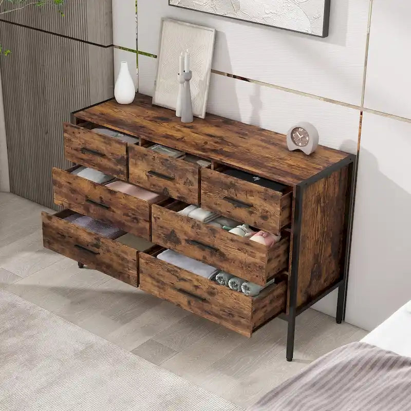 Commode 7 tiroirs brun rustique avec cadre en acier
