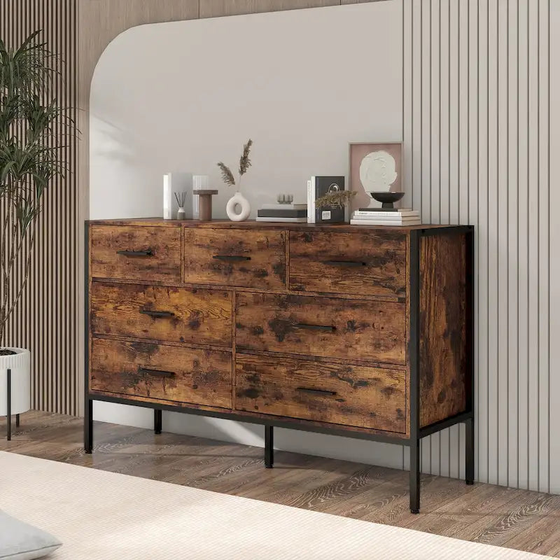 Commode 7 tiroirs brun rustique avec cadre en acier