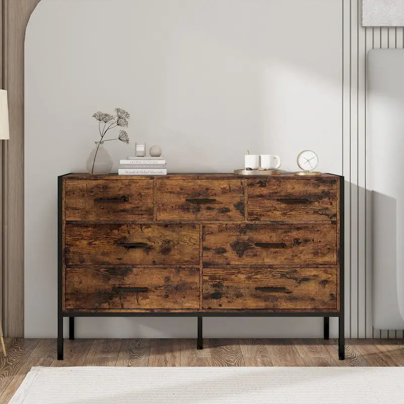 Commode 7 tiroirs brun rustique avec cadre en acier