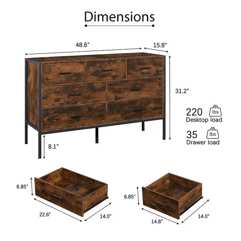 Commode 7 tiroirs brun rustique avec cadre en acier