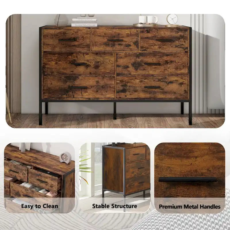 Commode 7 tiroirs brun rustique avec cadre en acier