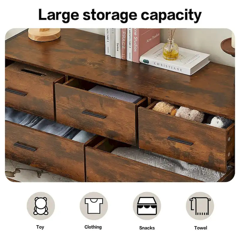 Commode 7 tiroirs brun rustique avec cadre en acier