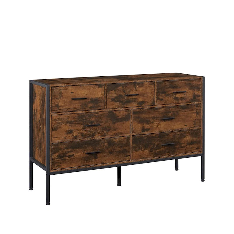 Commode 7 tiroirs brun rustique avec cadre en acier