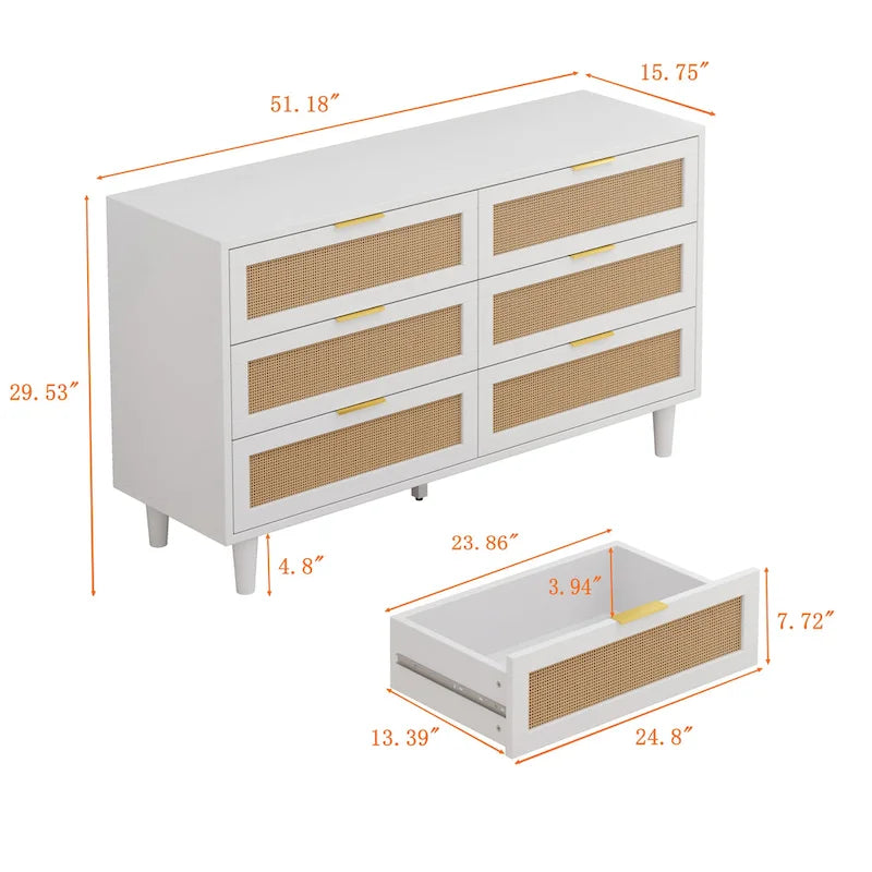 Commode en rotin à six tiroirs de 51,18 pouces