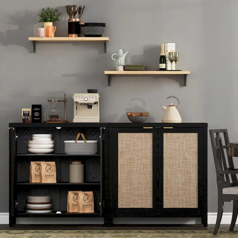 Buffet en rotin avec 2 portes, lot de 2