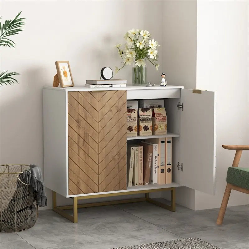 Buffet deux portes blanc avec façades imitation bois et piètement doré