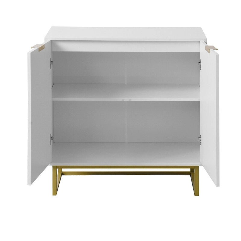 Buffet deux portes blanc avec façades imitation bois et piètement doré