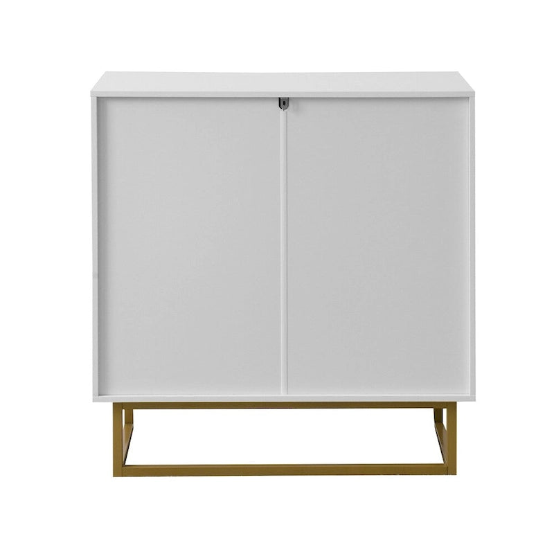 Buffet deux portes blanc avec façades imitation bois et piètement doré
