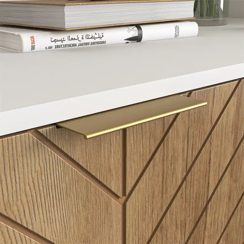 Buffet deux portes blanc avec façades imitation bois et piètement doré