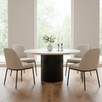 Jerry 54 Inch Dining Table, Round Faux Marble Top, Black Pedestal Base