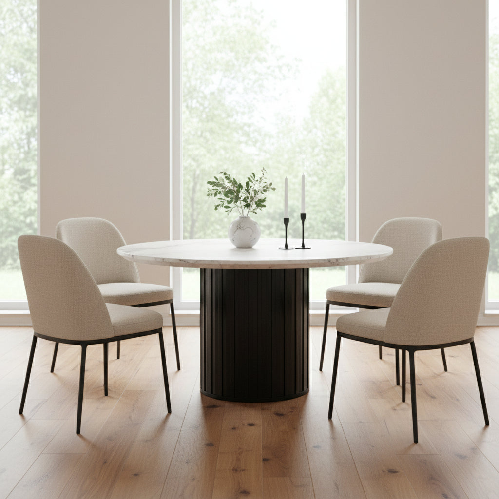 Jerry 54 Inch Dining Table, Round Faux Marble Top, Black Pedestal Base