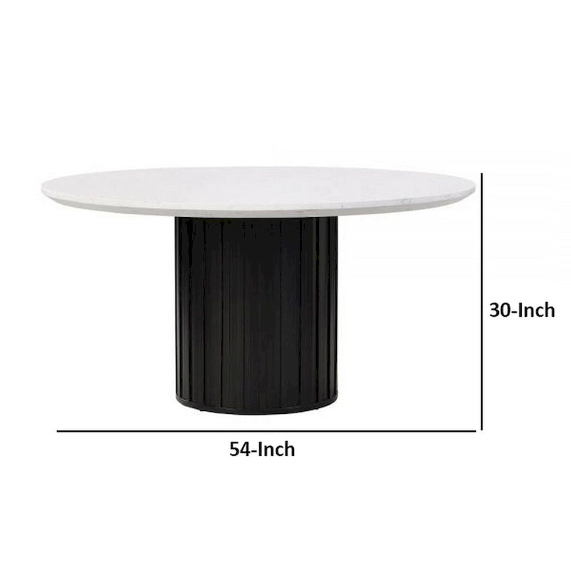 54 Inch Dining Table, Round Faux Marble Top, Black Pedestal Base