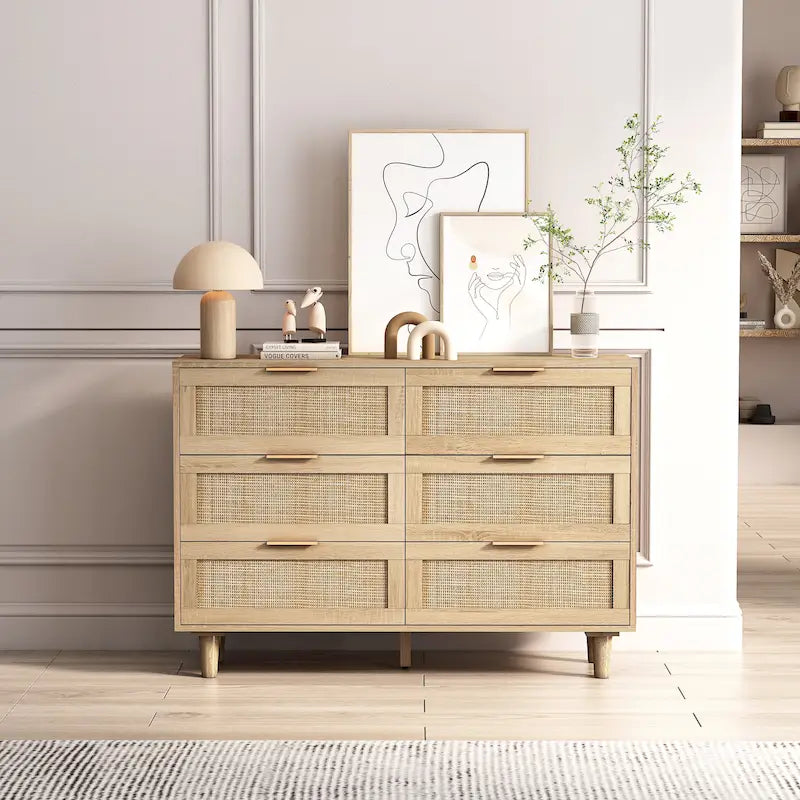 Commode de rangement à 6 tiroirs en rotin naturel