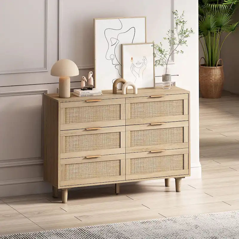 Commode de rangement à 6 tiroirs en rotin naturel