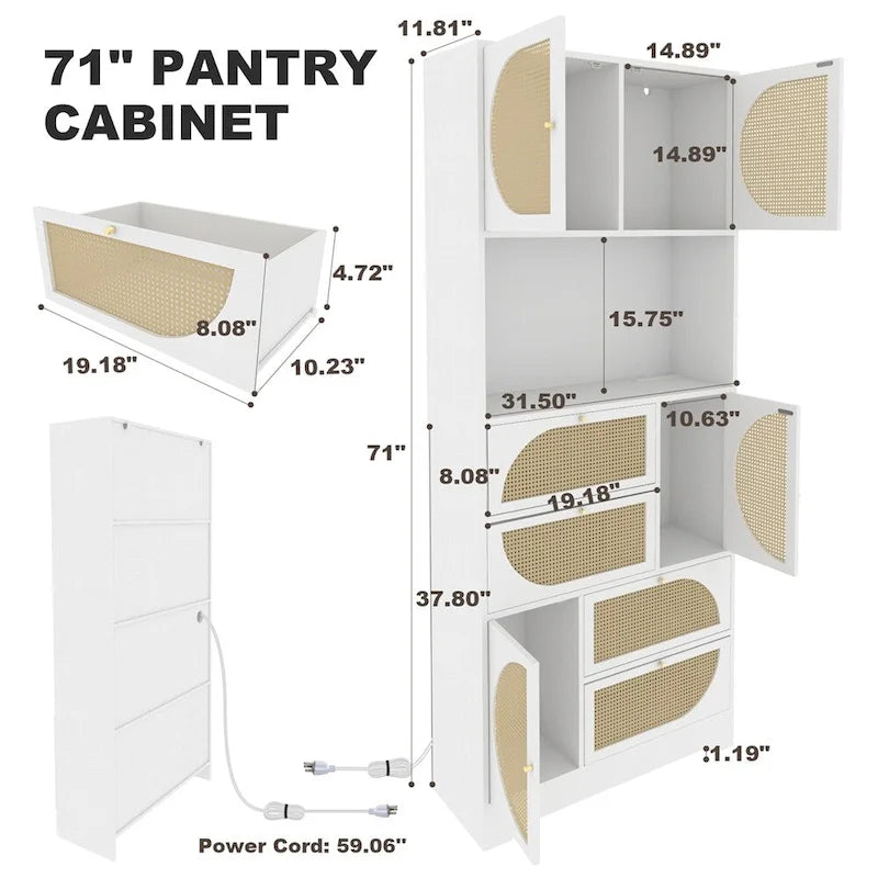 Armoire de garde-manger blanche sur pied avec portes en rotin et quatre tiroirs
