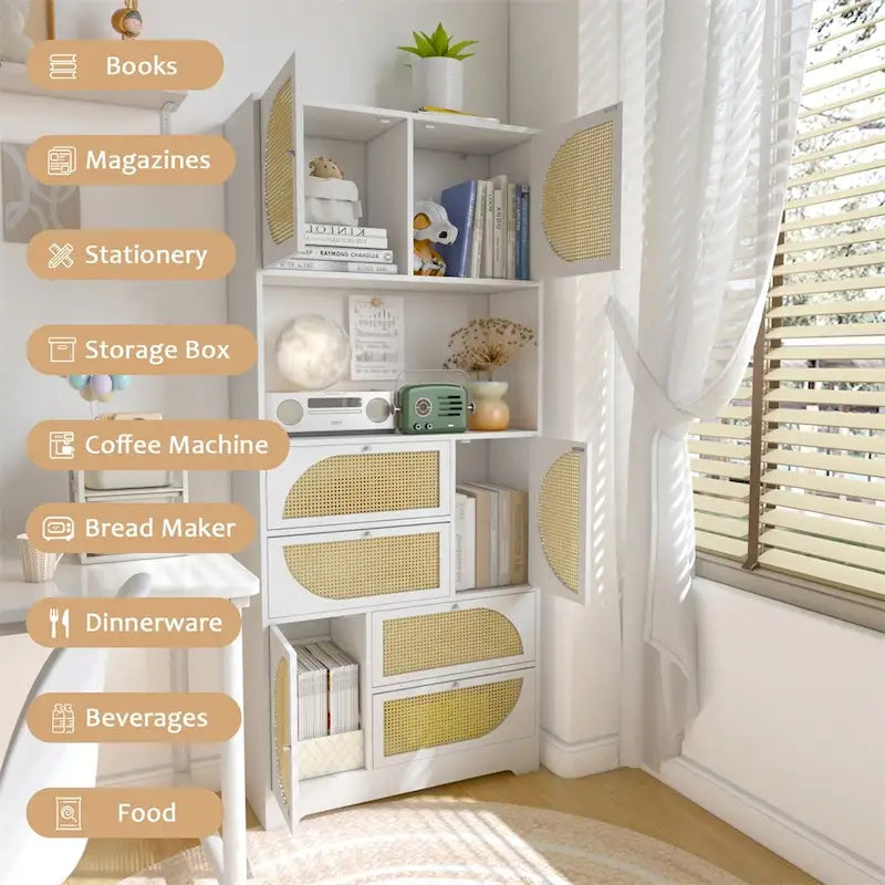 Armoire de garde-manger blanche sur pied avec portes en rotin et quatre tiroirs