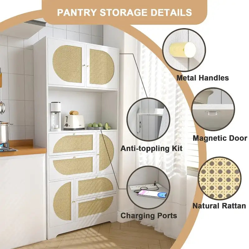 Armoire de garde-manger blanche sur pied avec portes en rotin et quatre tiroirs
