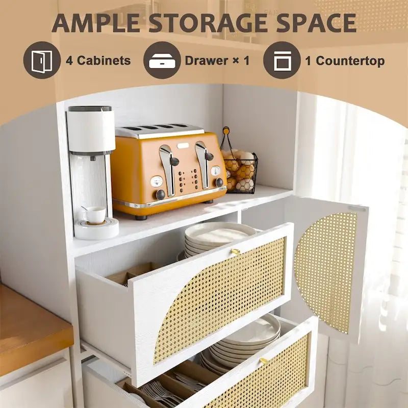 Armoire de garde-manger blanche sur pied avec portes en rotin et quatre tiroirs