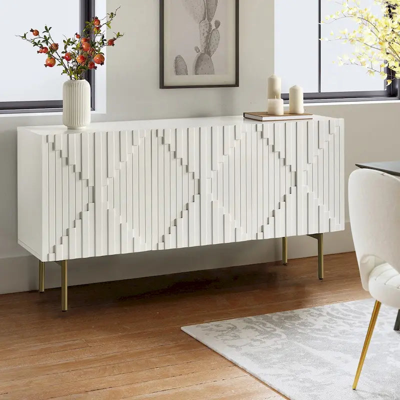 Buffet moderne de 58 pouces avec portes géométriques et pieds en métal