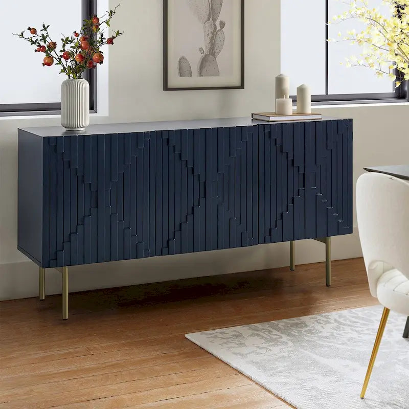 Buffet moderne de 58 pouces avec portes géométriques et pieds en métal