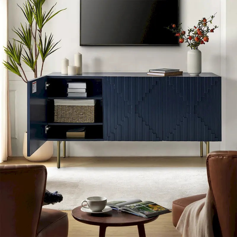 Buffet moderne de 58 pouces avec portes géométriques et pieds en métal