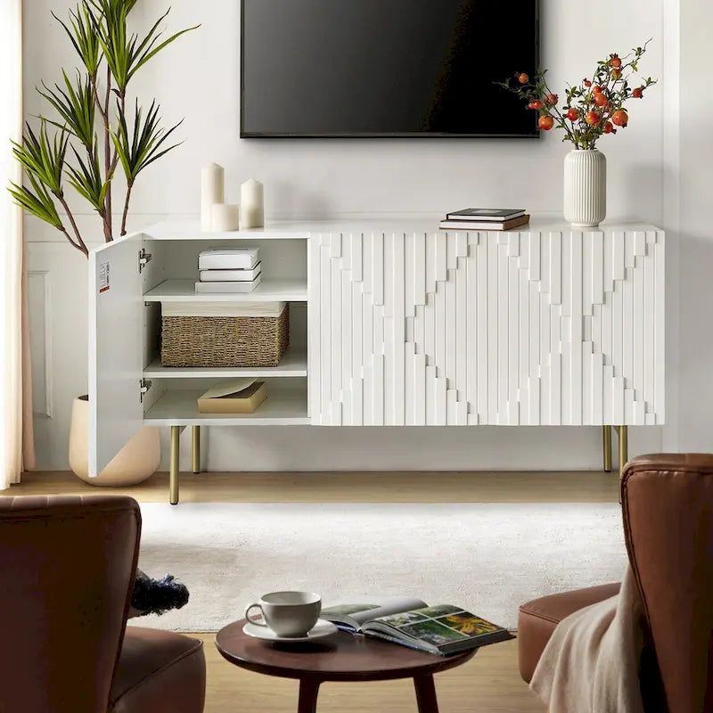 Buffet moderne de 58 pouces avec portes géométriques et pieds en métal