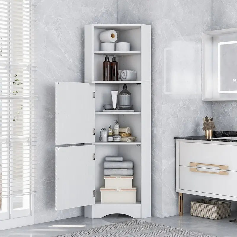 Meuble de salle de bain d'angle haut avec deux portes et étagères réglables