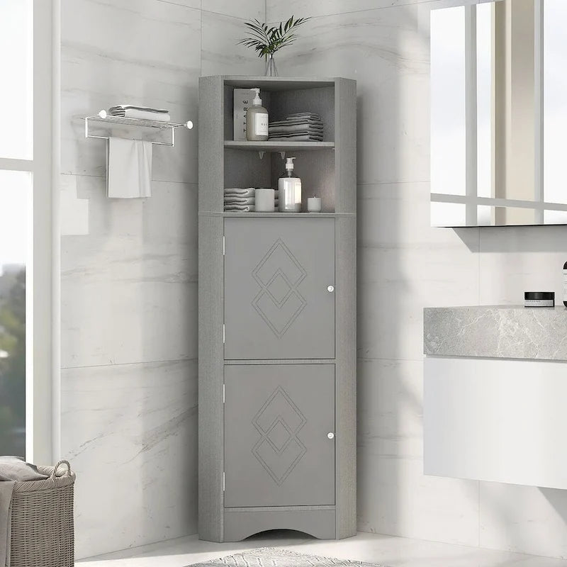 Meuble de salle de bain d'angle haut avec deux portes et étagères réglables