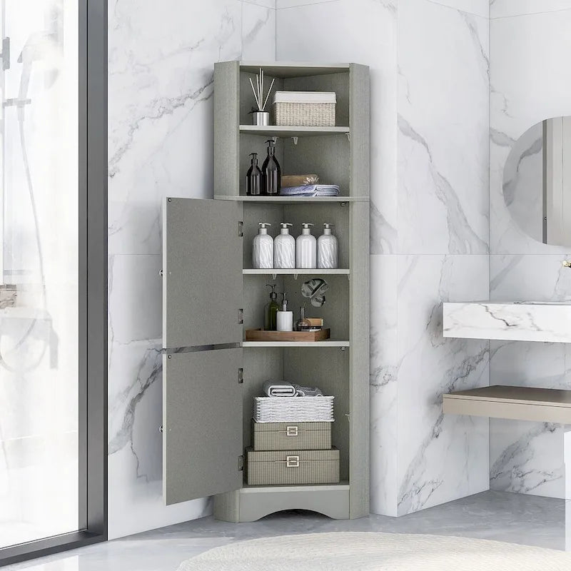 Meuble de salle de bain d'angle haut avec deux portes et étagères réglables