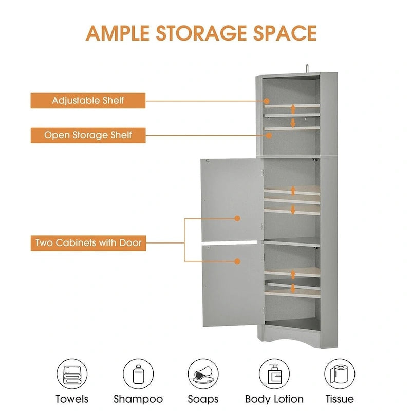 Meuble de salle de bain d'angle haut avec deux portes et étagères réglables
