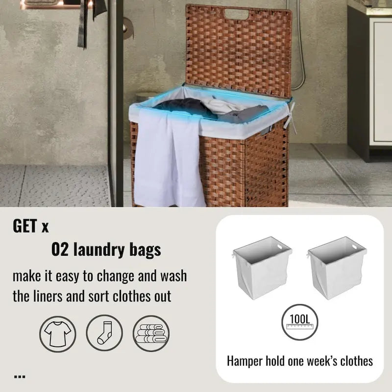 Panier à linge en osier de 100 L avec couvercle