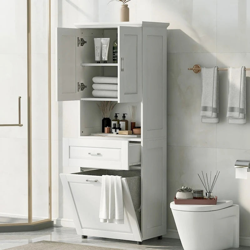Meuble de salle de bain haut blanc avec panier à linge basculant