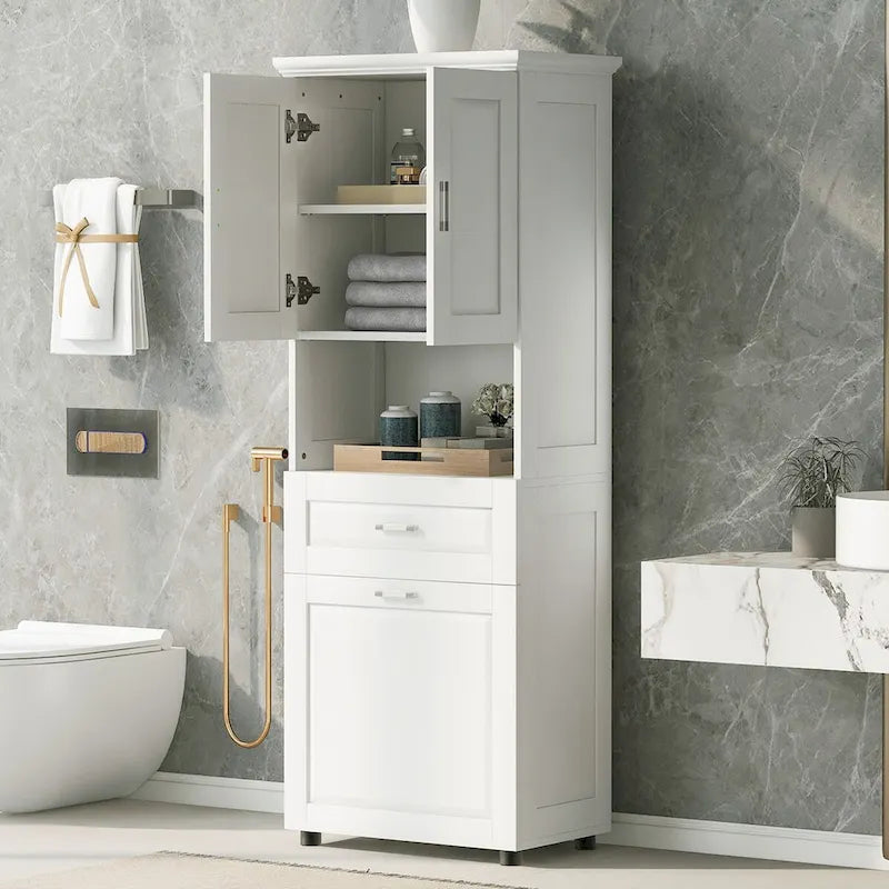 Meuble de salle de bain haut blanc avec panier à linge basculant