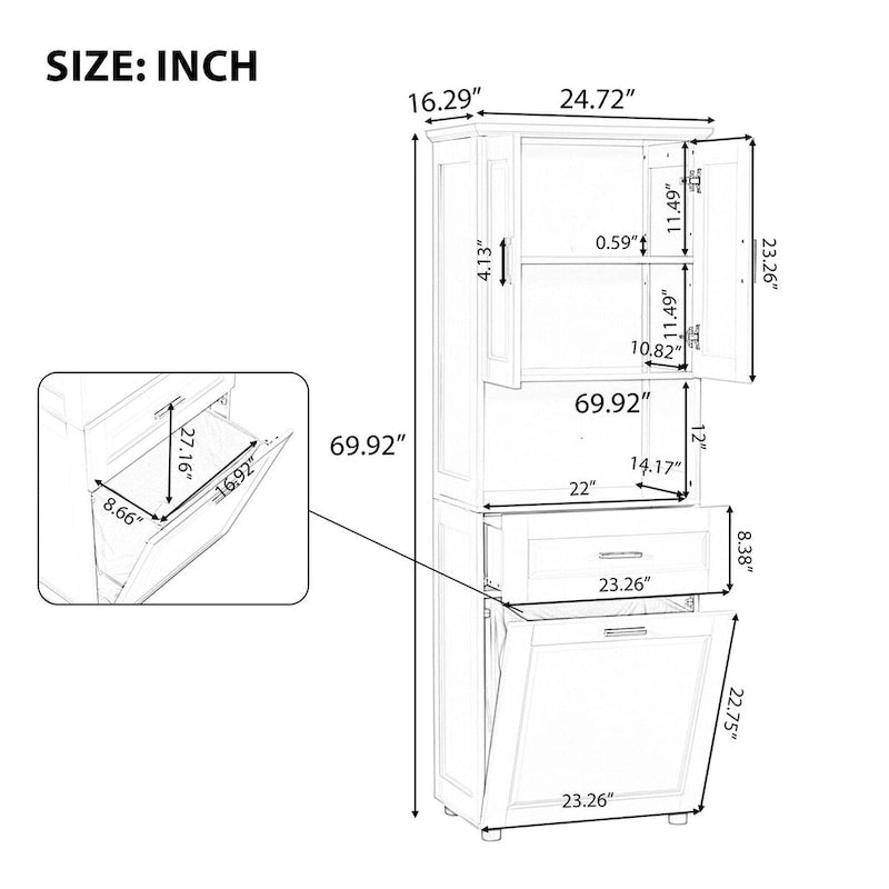 Meuble de salle de bain haut blanc avec panier à linge basculant