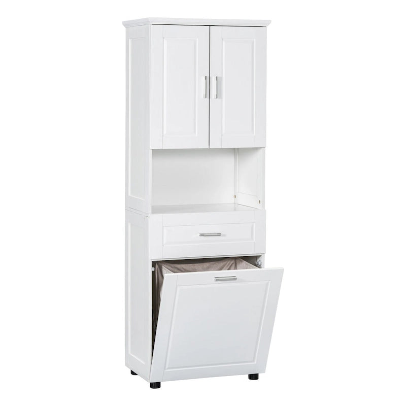 Meuble de salle de bain haut blanc avec panier à linge basculant