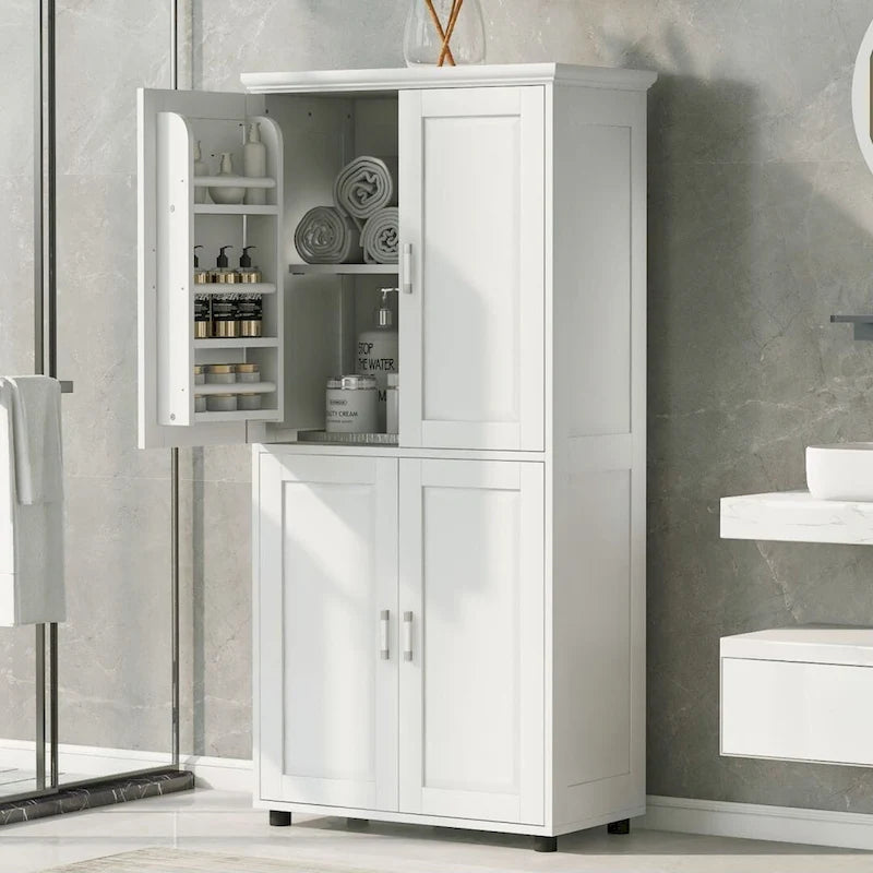 Meuble de rangement de salle de bain blanc à quatre portes avec étagères réglables