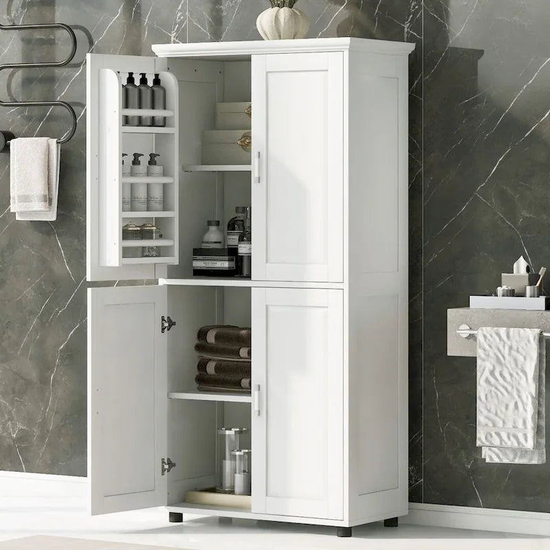 Meuble de rangement de salle de bain blanc à quatre portes avec étagères réglables