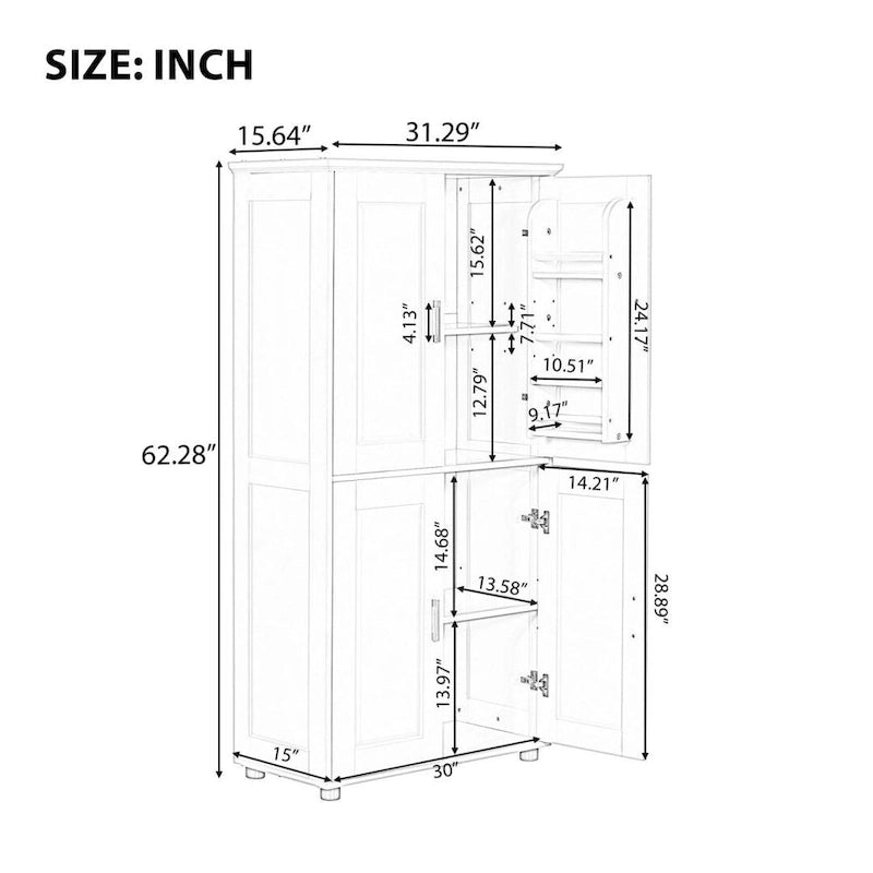 Meuble de rangement de salle de bain blanc à quatre portes avec étagères réglables